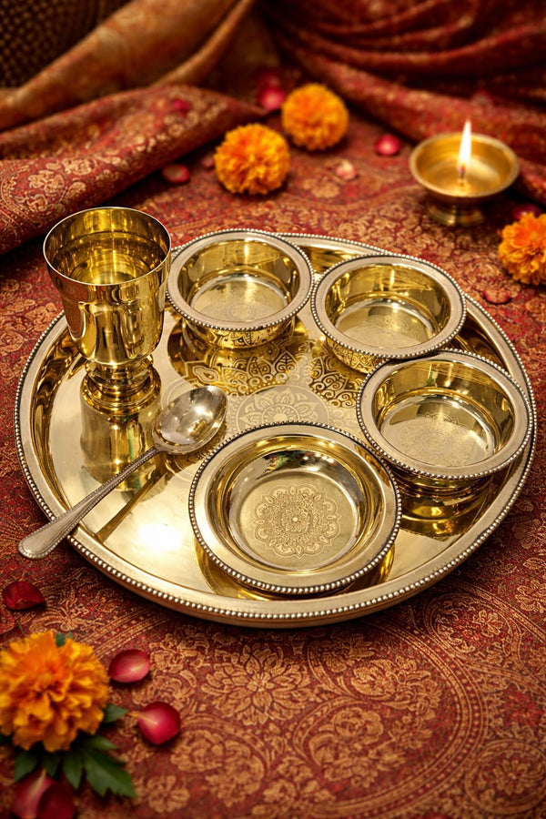 BRASS BORDER THALI SET 7 PCS SET