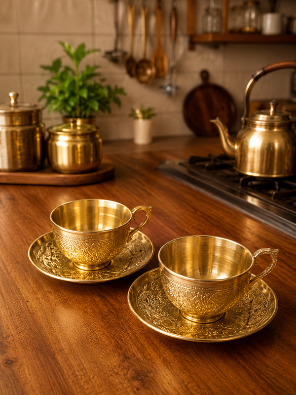 BRASS TEA CUP PLATE SET (2PC)