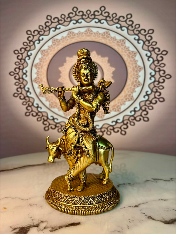 GOVIND BRASS KRISHNA WITH COW IDOL